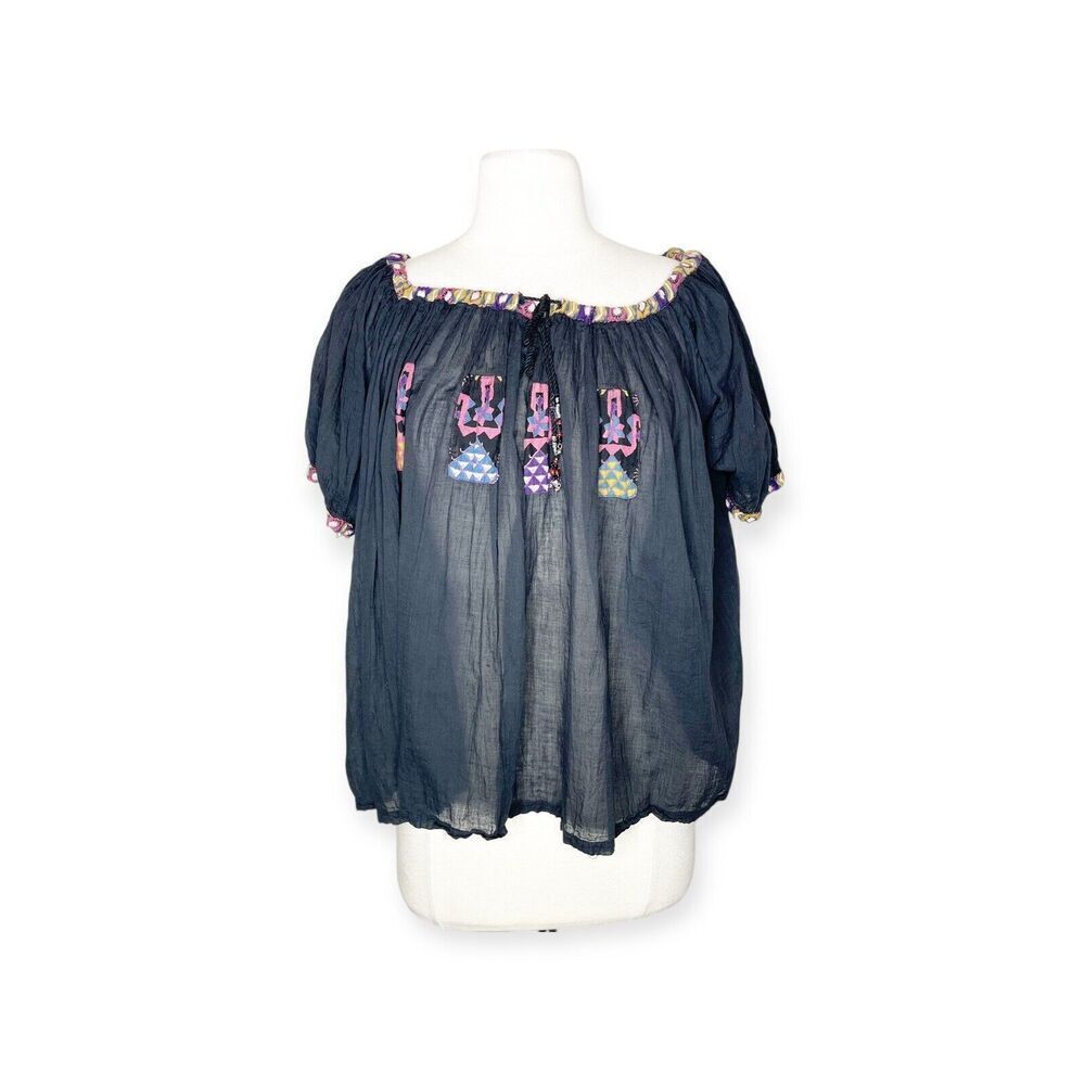 Vintage 80s S/M Black Cotton Gauze Top Peasant Puff Sleeve Flowy Blouse Aztec